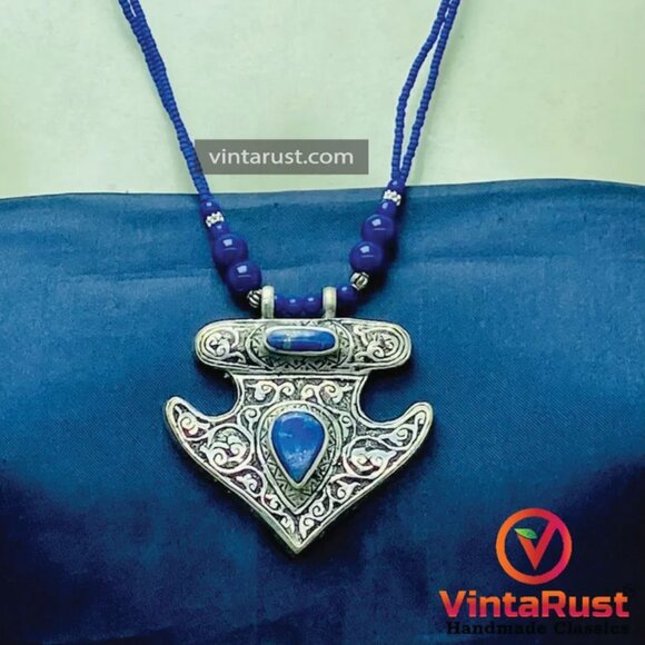 Handmade Lapis Lazuli Necklace, Tribal Beaded Chain Pendant Necklace, Gemstone - Picture 4 of 15